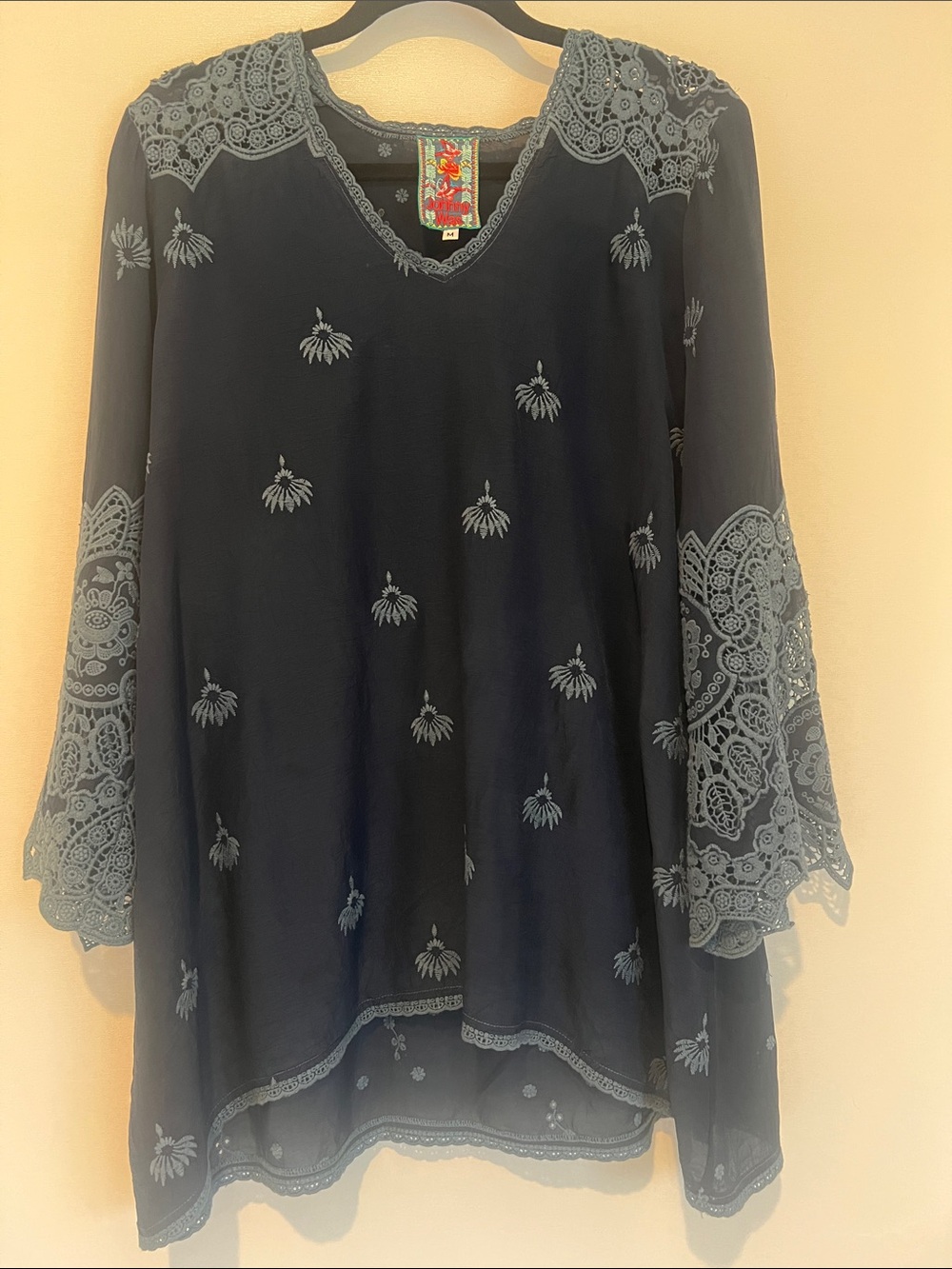 Johnny Was Navy Blue Embroidered Lace-Trim Tunic